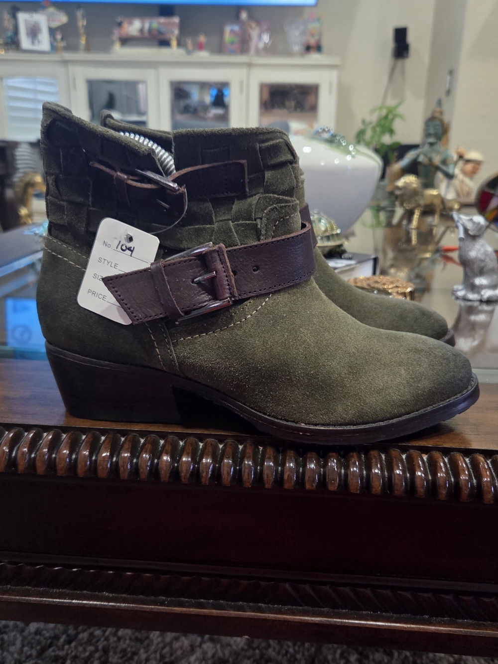 Adam Tucker Olive Green Suede Ankle Boot with Brown Buckle Strap